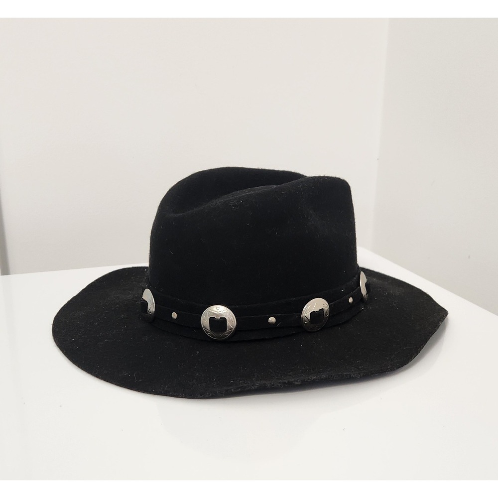 Vintage Eddy Bros Black Wool Cowboy Hat Conchos Band Western Made in USA Small